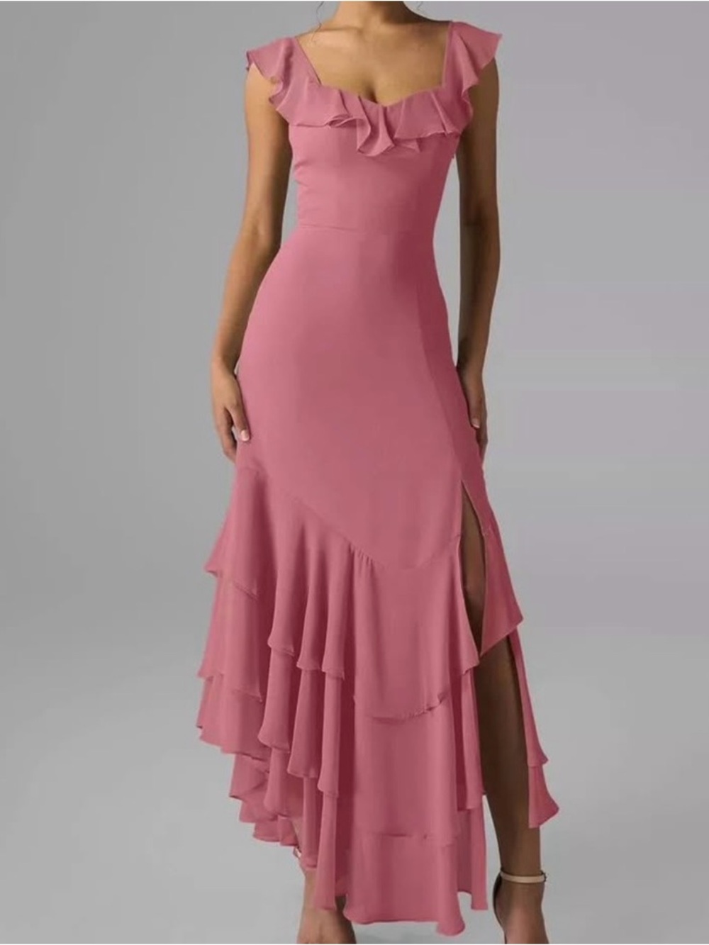 Pink High-Low Ruffle Maxi Dress with Side Slit - Picture 2 of 5